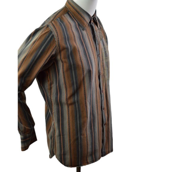 Point Zero Black Label MEN sz M  Long Sleeves Shirt Orange Brown Gray Stripes - Picture 1 of 12